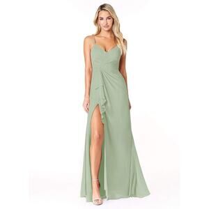 AZAZIE EMERALD Flowy Ruffled Chiffon Bridesmaid Dress Long Weeding Green Size 8